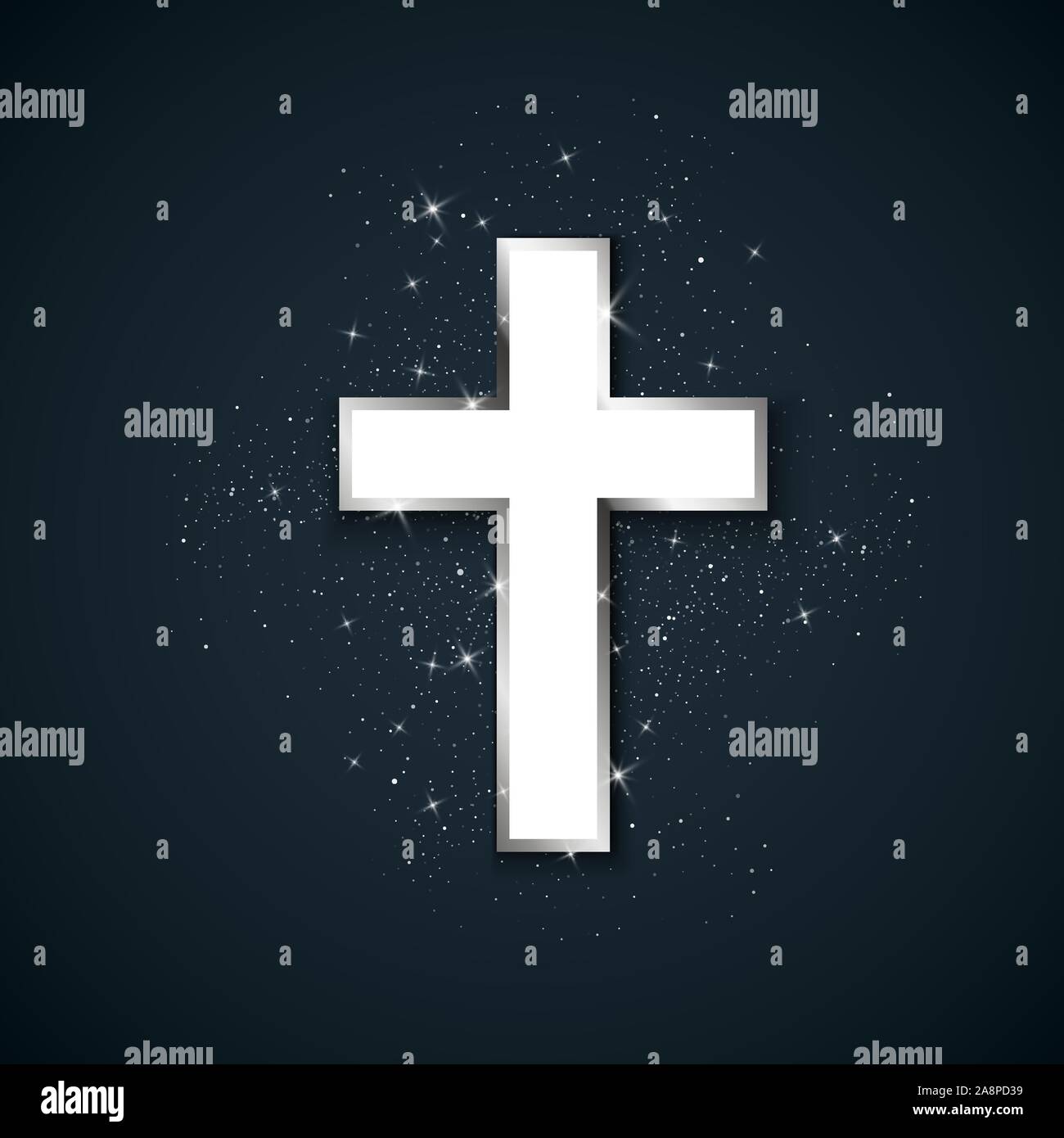 White Cross with silver stroke symbol of christianity. Holy metal cross on dark background. Symbol of hope and faith. Vector illustration Stock Vector