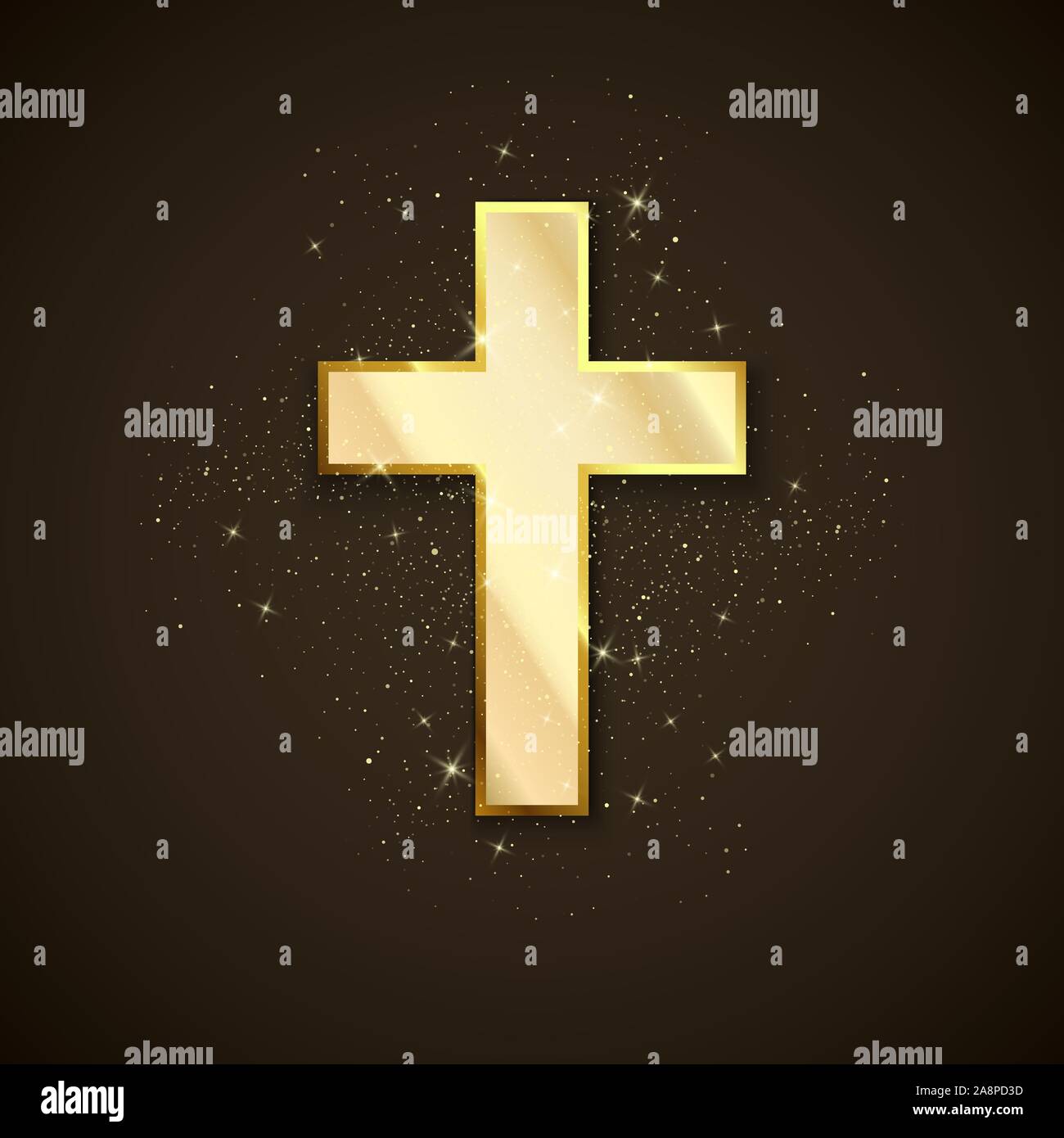 Golden Cross symbol of christianity. Holy metal cross on dark