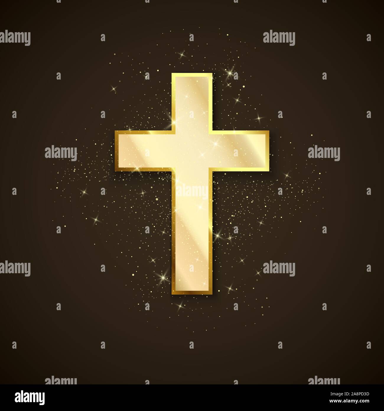 Golden Cross symbol of christianity. Holy metal cross on dark background. Symbol of hope and faith. Vector Stock Vector