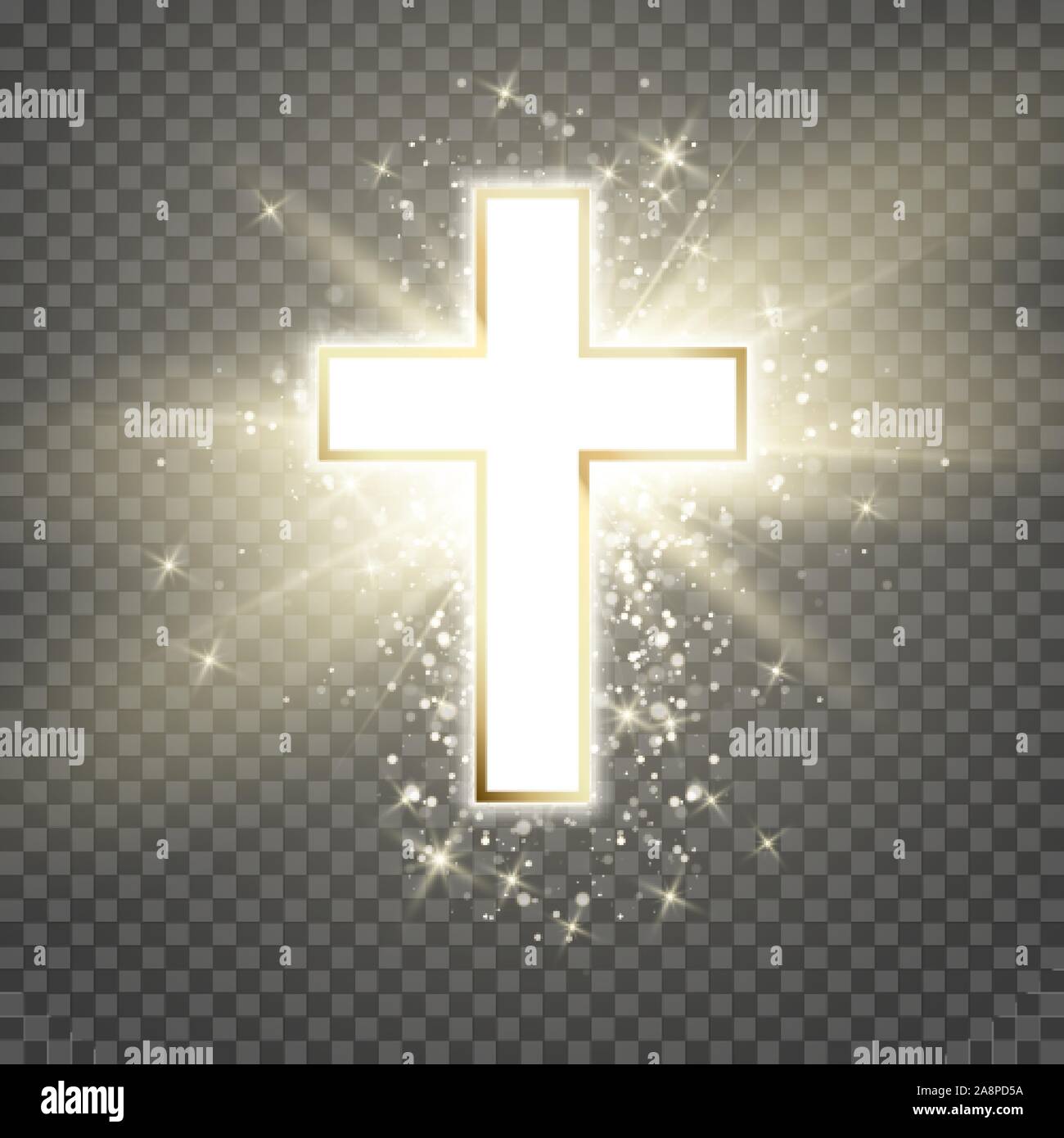White Cross with golden frame and shine symbol of christianity. Symbol of hope and faith. Vector illustration isolated on transparent background Stock Vector