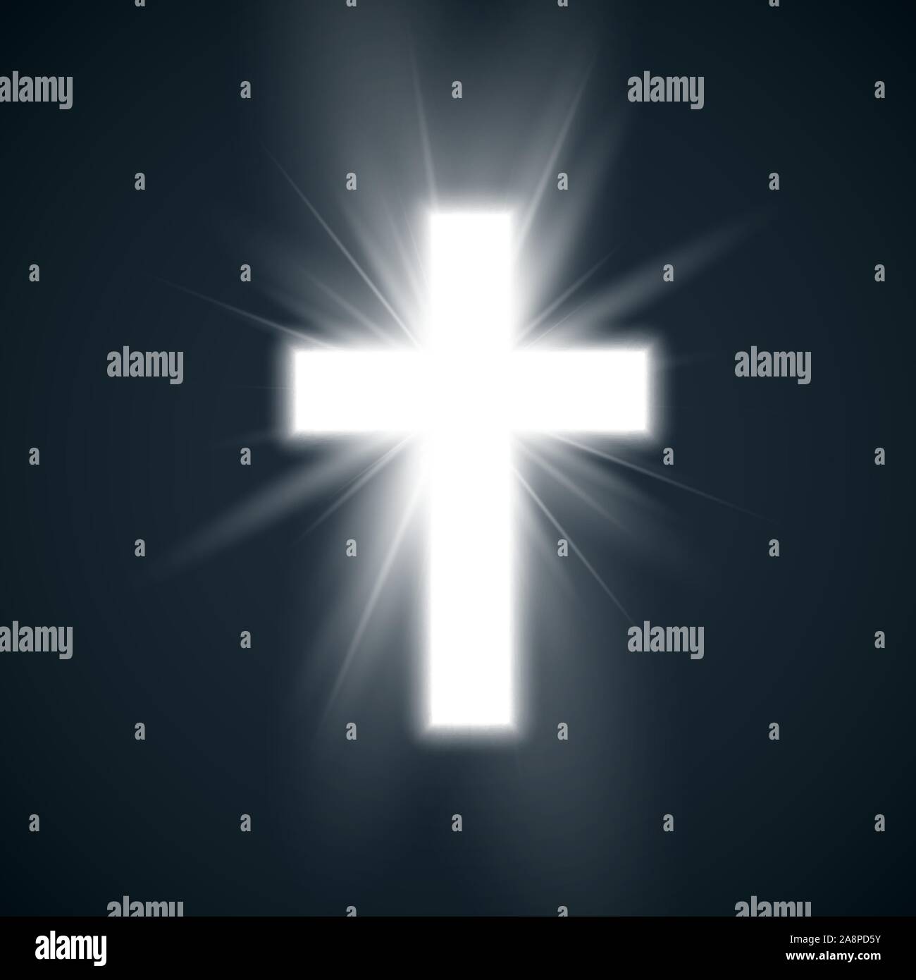 White Cross with glow symbol of christianity. Holy cross on dark background. Symbol of hope and faith. Vector illustration Stock Vector