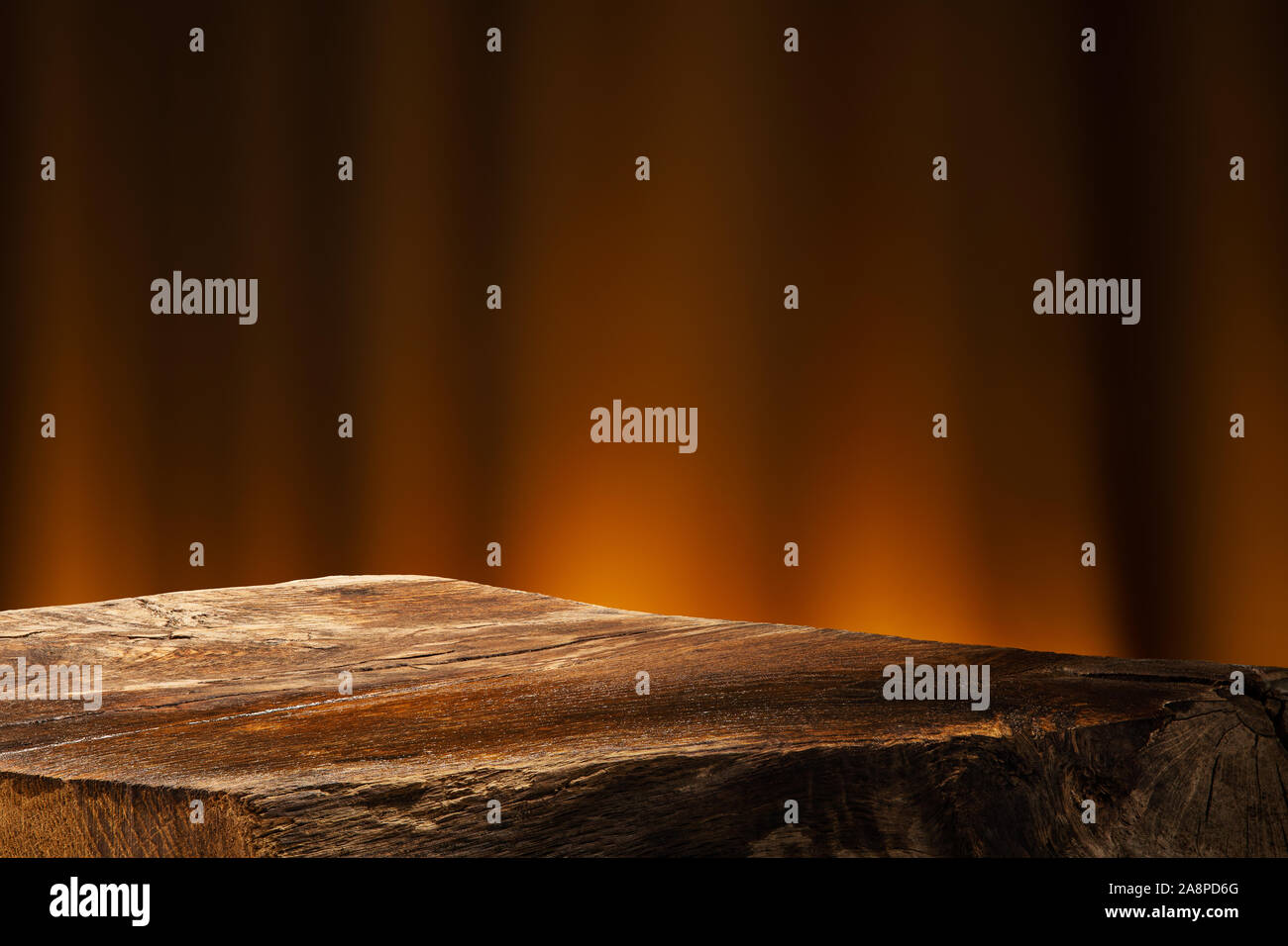 Empty Wooden Table on Dark Background. Backdrop for Product Placement Stock Photo