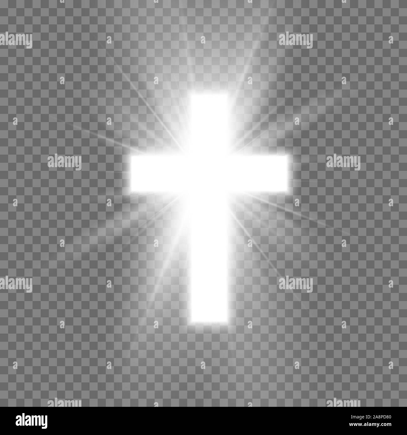 White Cross with glow symbol of christianity. Symbol of hope and faith. Vector illustration isolated on transparent background Stock Vector