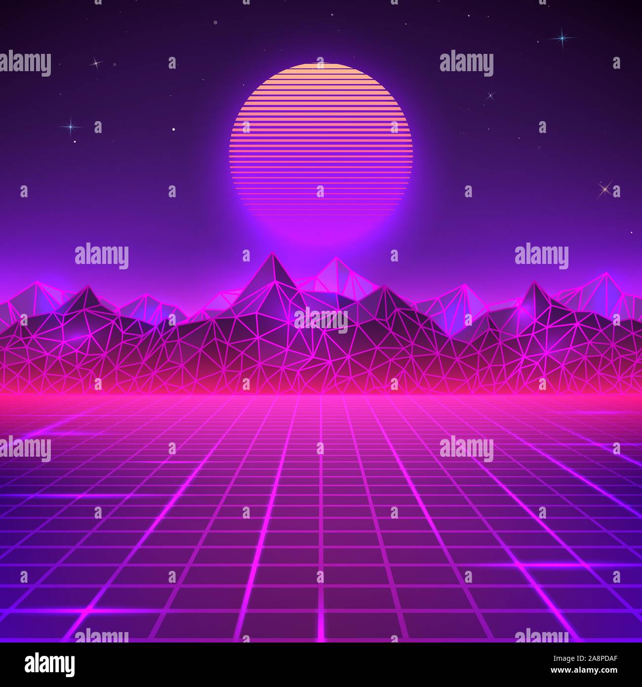 Retro landscape in purple colors. Futuristic planet neon mountains and sunset background. Sci-fi abstract geometric landscape. Vector illustration Stock Vector