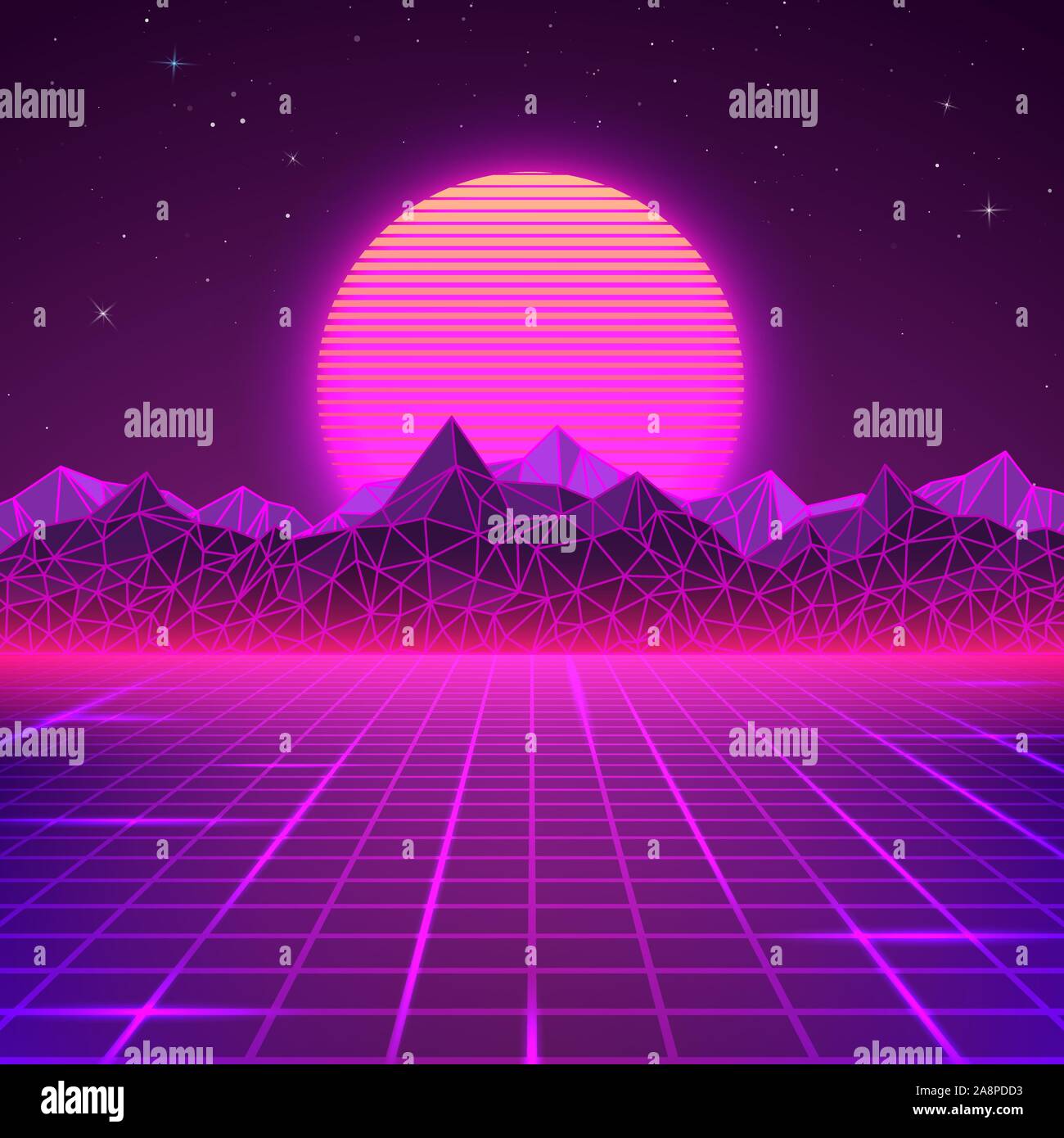Retro landscape in purple colors. Futuristic planet neon mountains and sunset background. Sci-fi abstract geometric landscape. Vector Stock Vector