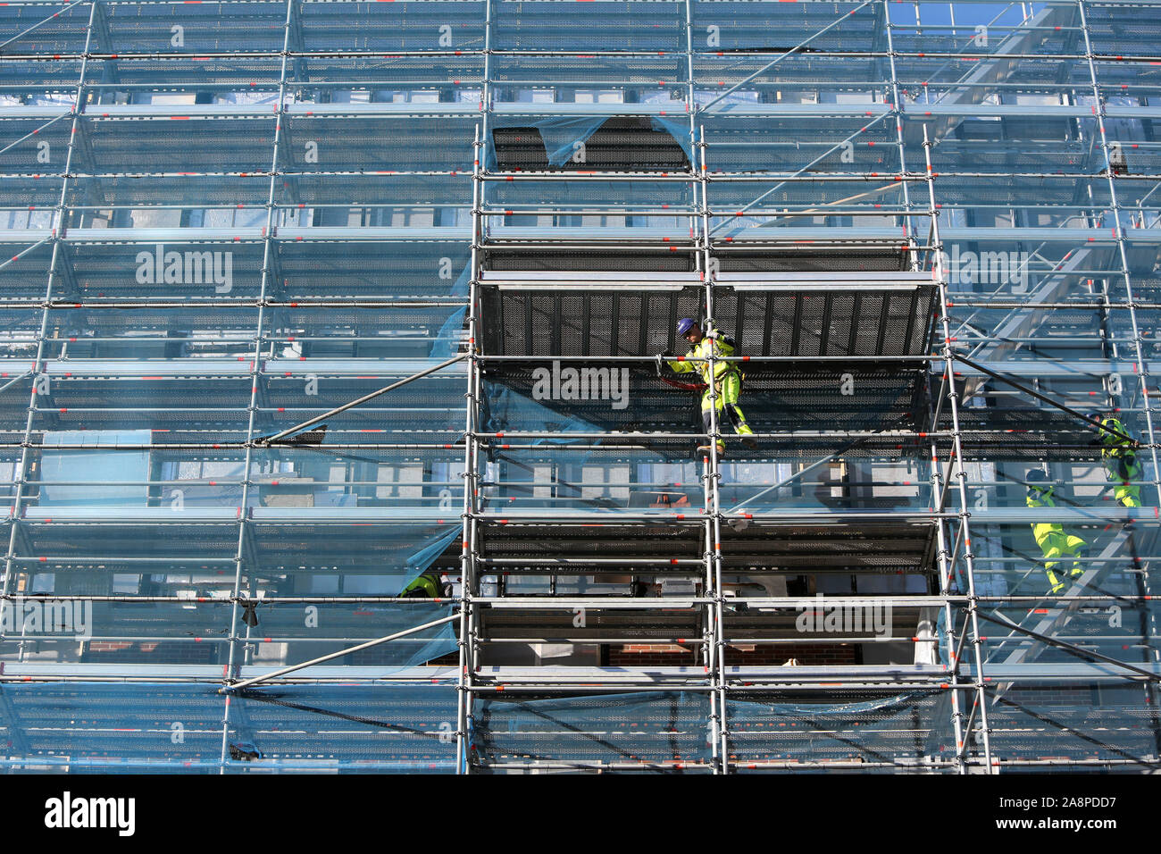 Scaffolding seen on the side of a new construction in Belfast, Northern