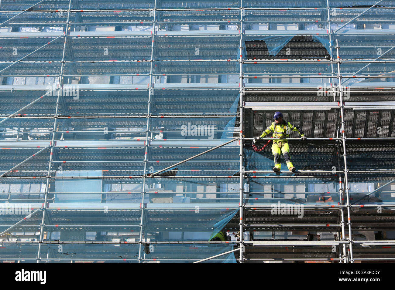 Scaffolding seen on the side of a new construction in Belfast, Northern