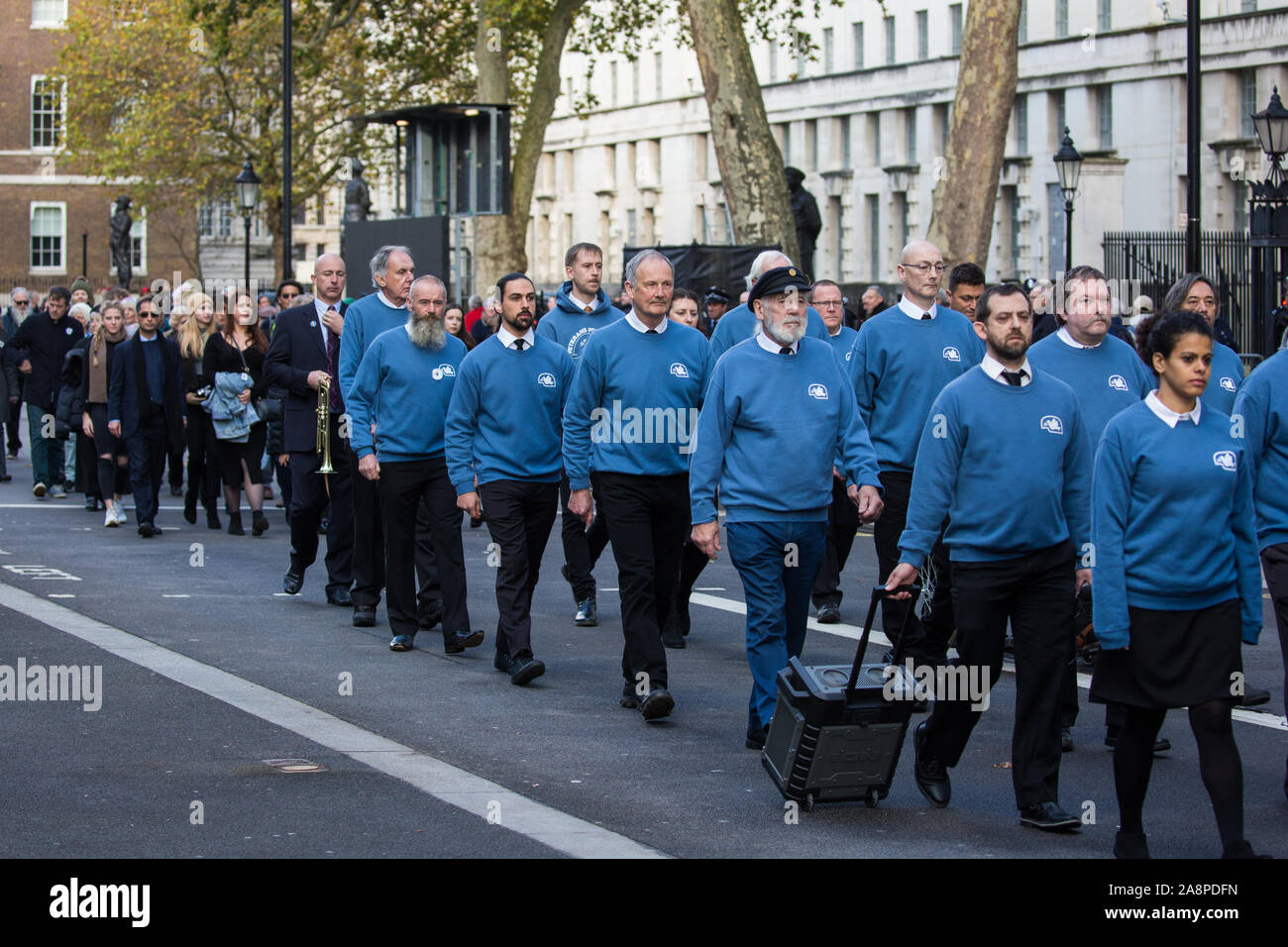 London, UK. 10 November, 2019. Ex-services personnel from Veterans For Peace UK (VFP UK) take part in the Remembrance Sunday ceremony in Whitehall, followed by their families. VFP UK was founded in 2011 and works to influence the foreign and defence policy of the UK for the larger purpose of world peace. Credit: Mark Kerrison/Alamy Live News Stock Photo