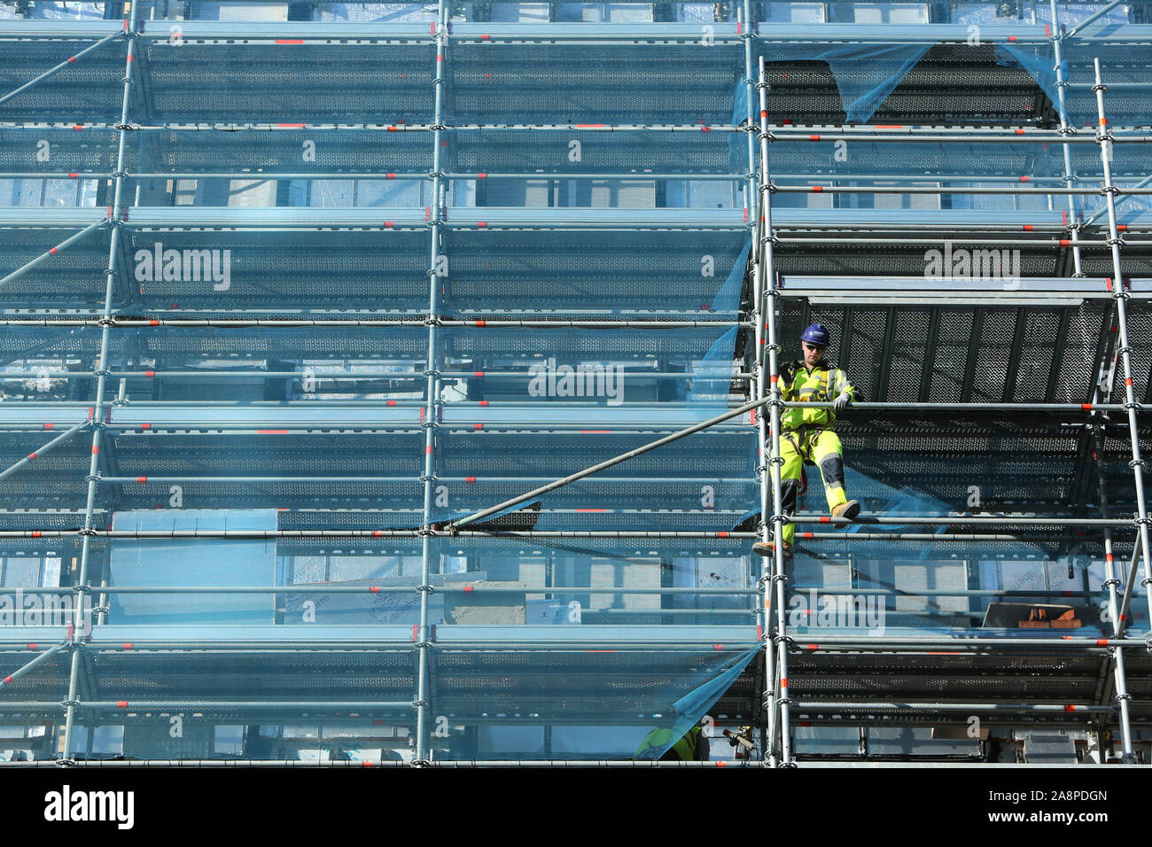 Scaffolding seen on the side of a new construction in Belfast, Northern