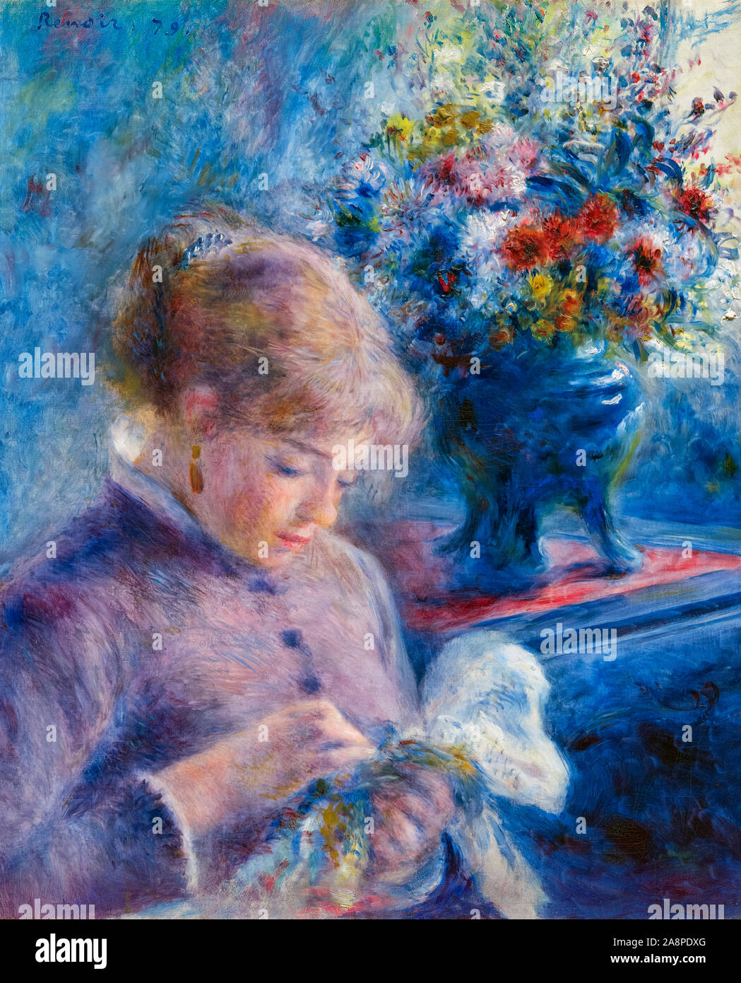 Young Woman Sewing by Pierre Auguste Renoir (1841-1919), oil on canvas, 1879 Stock Photo