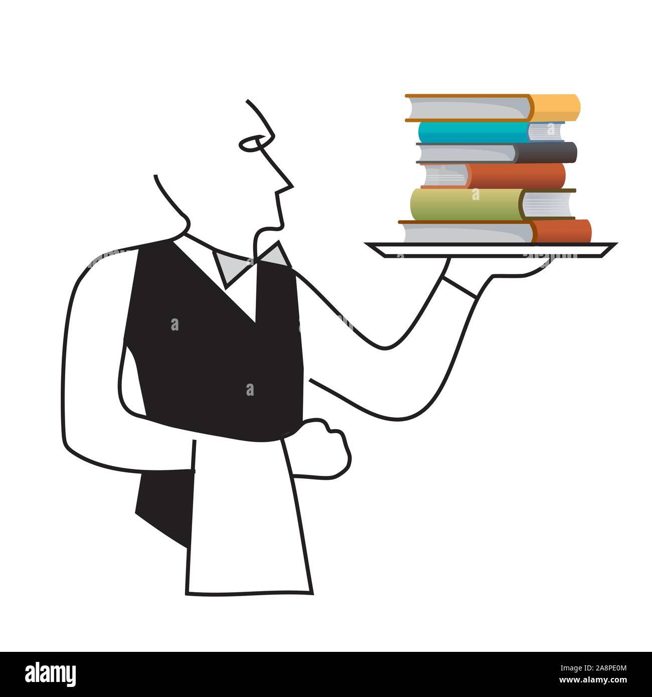 Waiter serving books, sales of books concept. Line art stylized illustration of a waiter or butler serving books on a tray. Vector available. Stock Vector