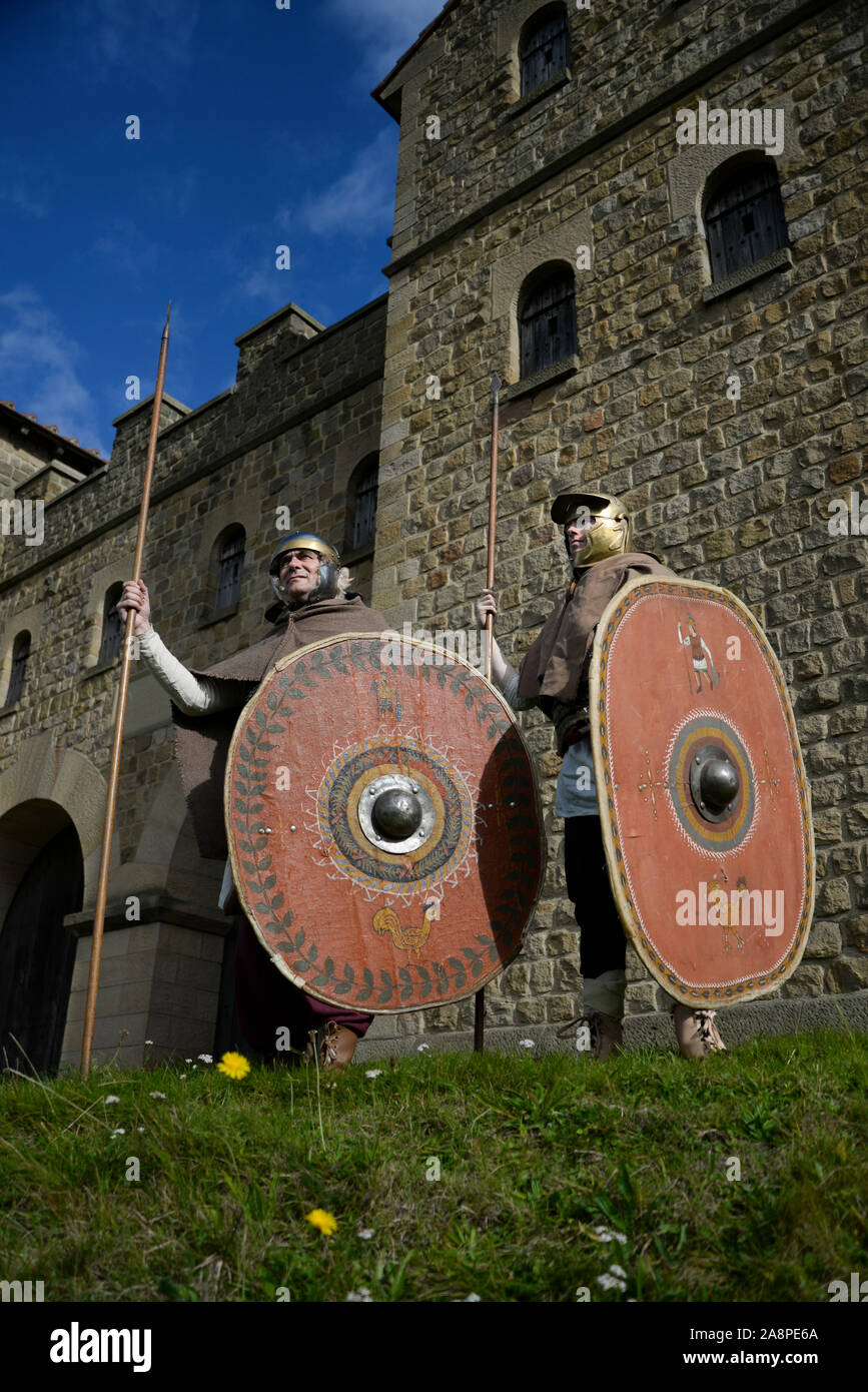 Roman soldiers from the late 2nd early 3rd century AD, these re-enactors 'man' the reconstructed fort at Arbeia, Hadrian's Wall, South Shields Stock Photo