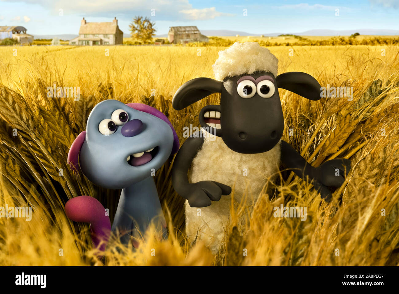 Lu-La the alien puppy voiced by Amalia Vitale and Shaun the sheep voiced by Justin Fletcher from A Shaun the Sheep Movie: Farmageddon (2019) directed by Will Becher and Richard Phelan. Stock Photo