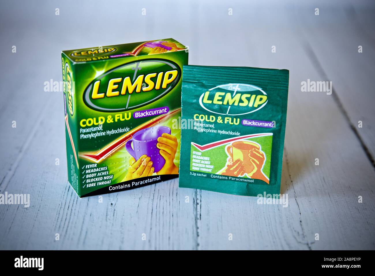 Packet of Lemsip Cold & Flu relief Blackcurrant flavour sachets Stock