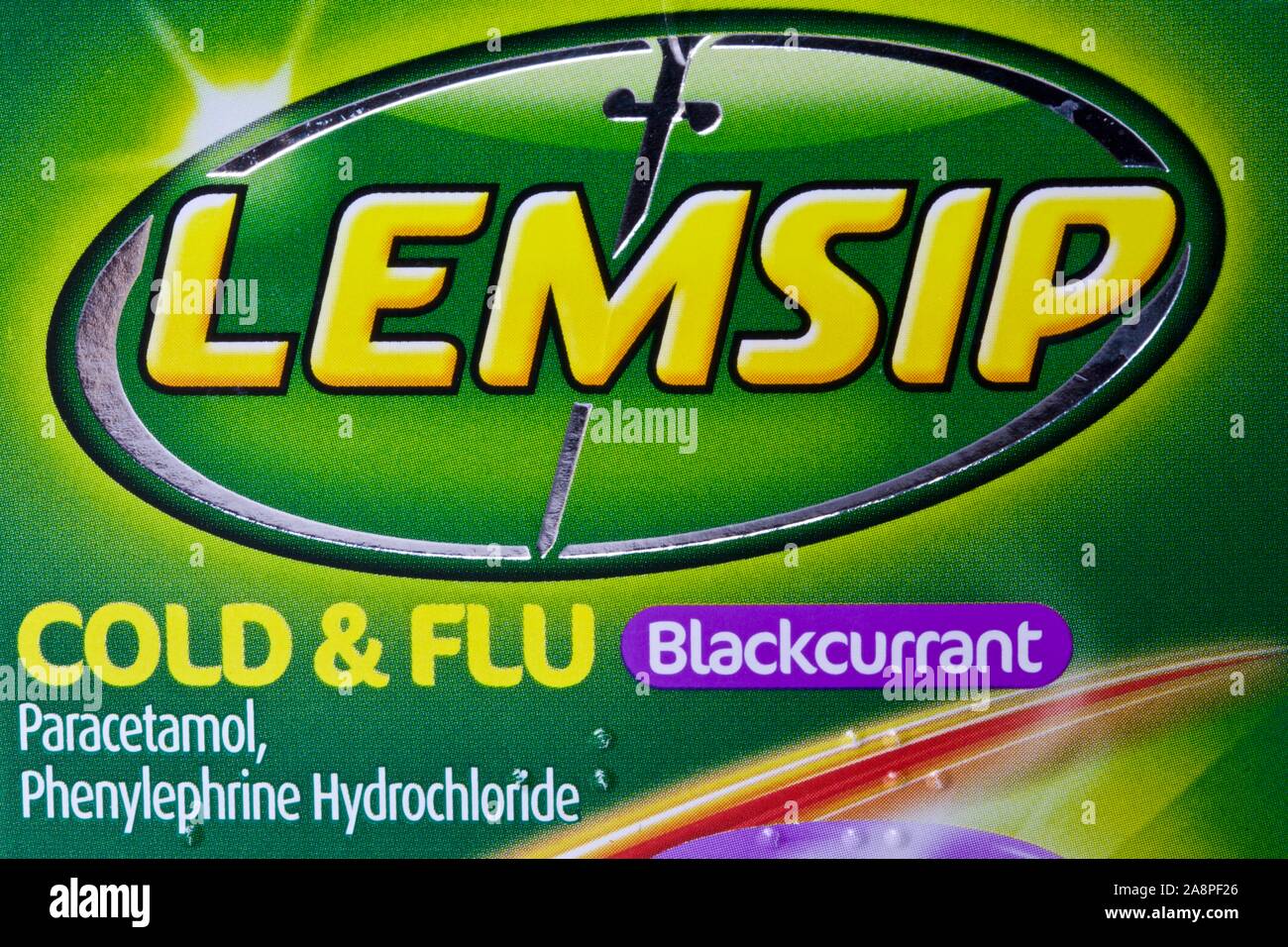 Packet of Lemsip Cold & Flu relief Blackcurrant flavour sachets Stock