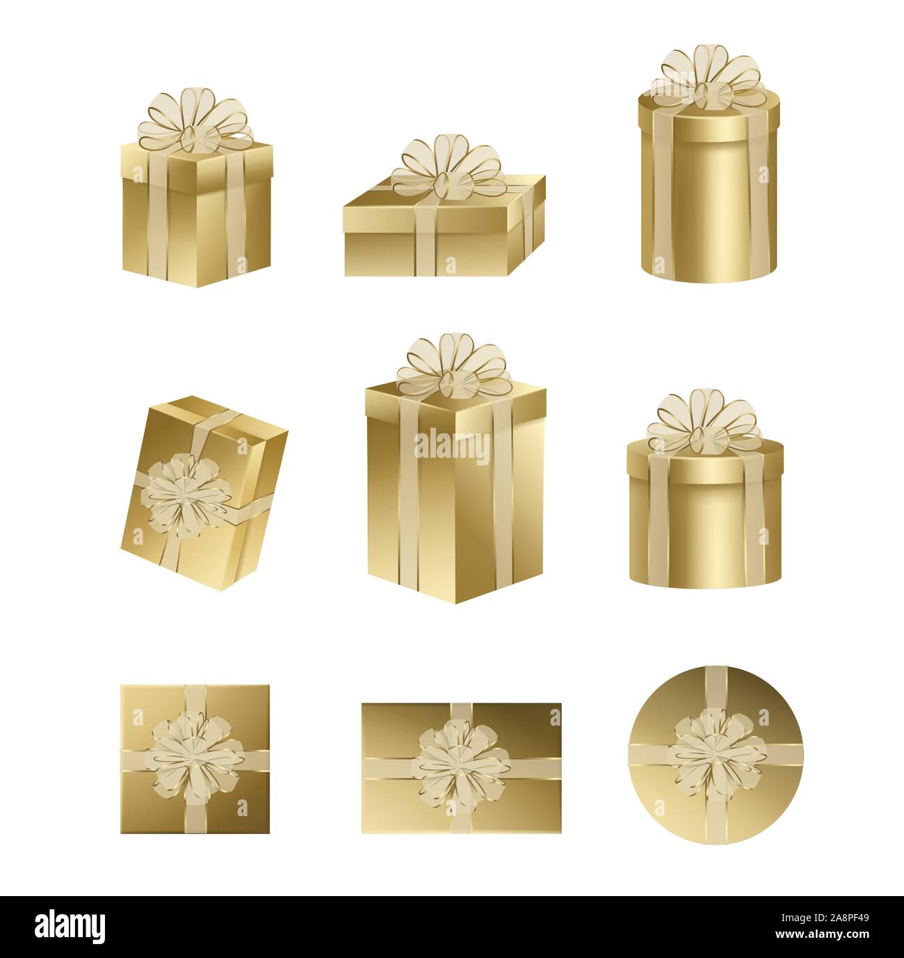 set gold gift boxes with gold bow and ribbon for christmas and birthday decorations Stock Vector