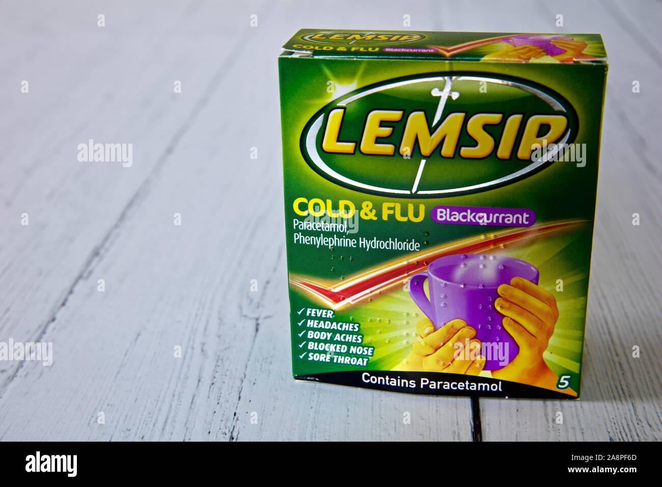 Packet of Lemsip Cold & Flu relief Blackcurrant flavour sachets Stock