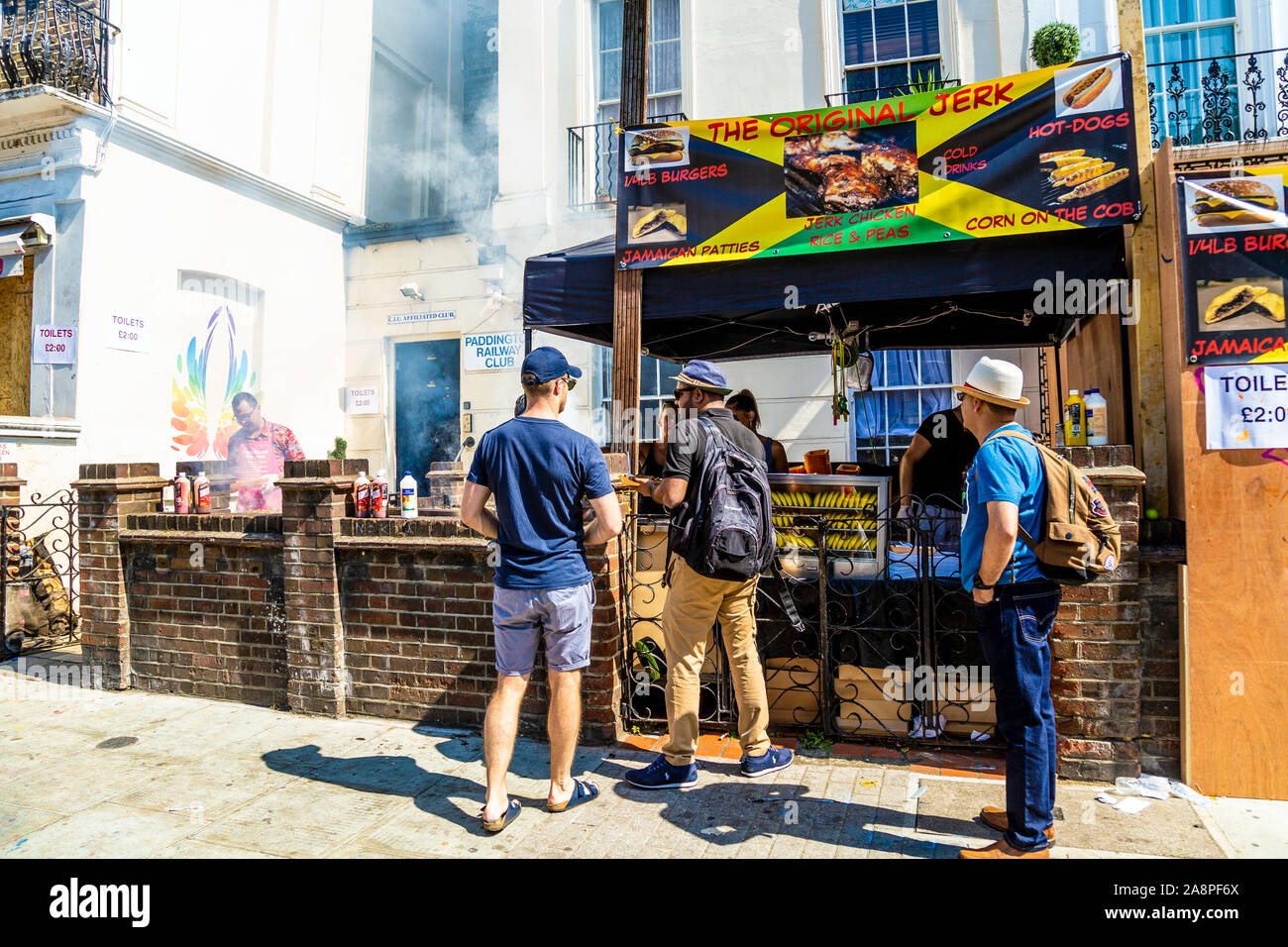 Makeshift food stall with Jamaican jerk chicken during the Notting Hill Carnival 2019, London, UK Stock Photo