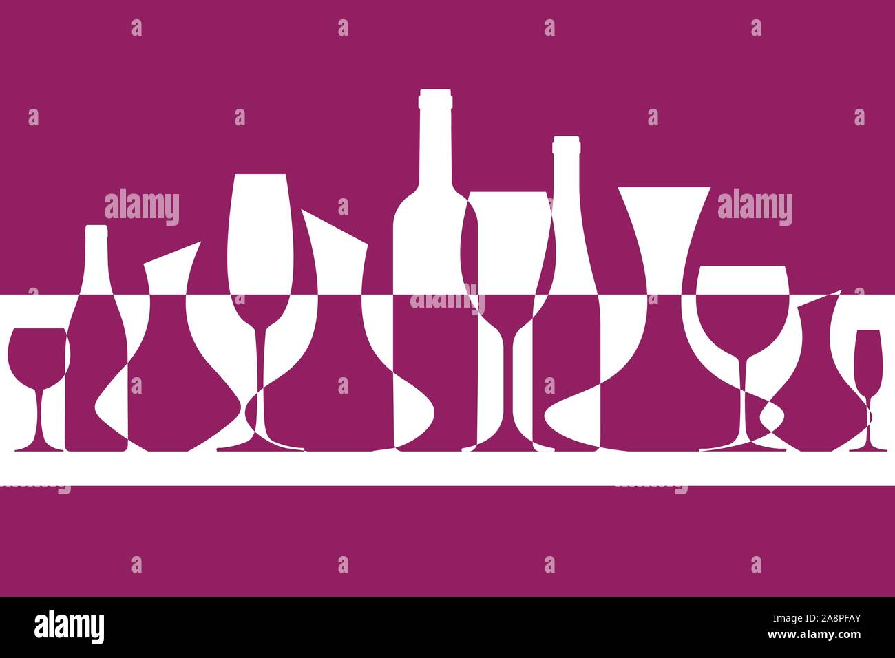 Wine vector background. Banner from silhouettes of wine bottles, glasses and decanters. EPS 10 file format. Stock Vector