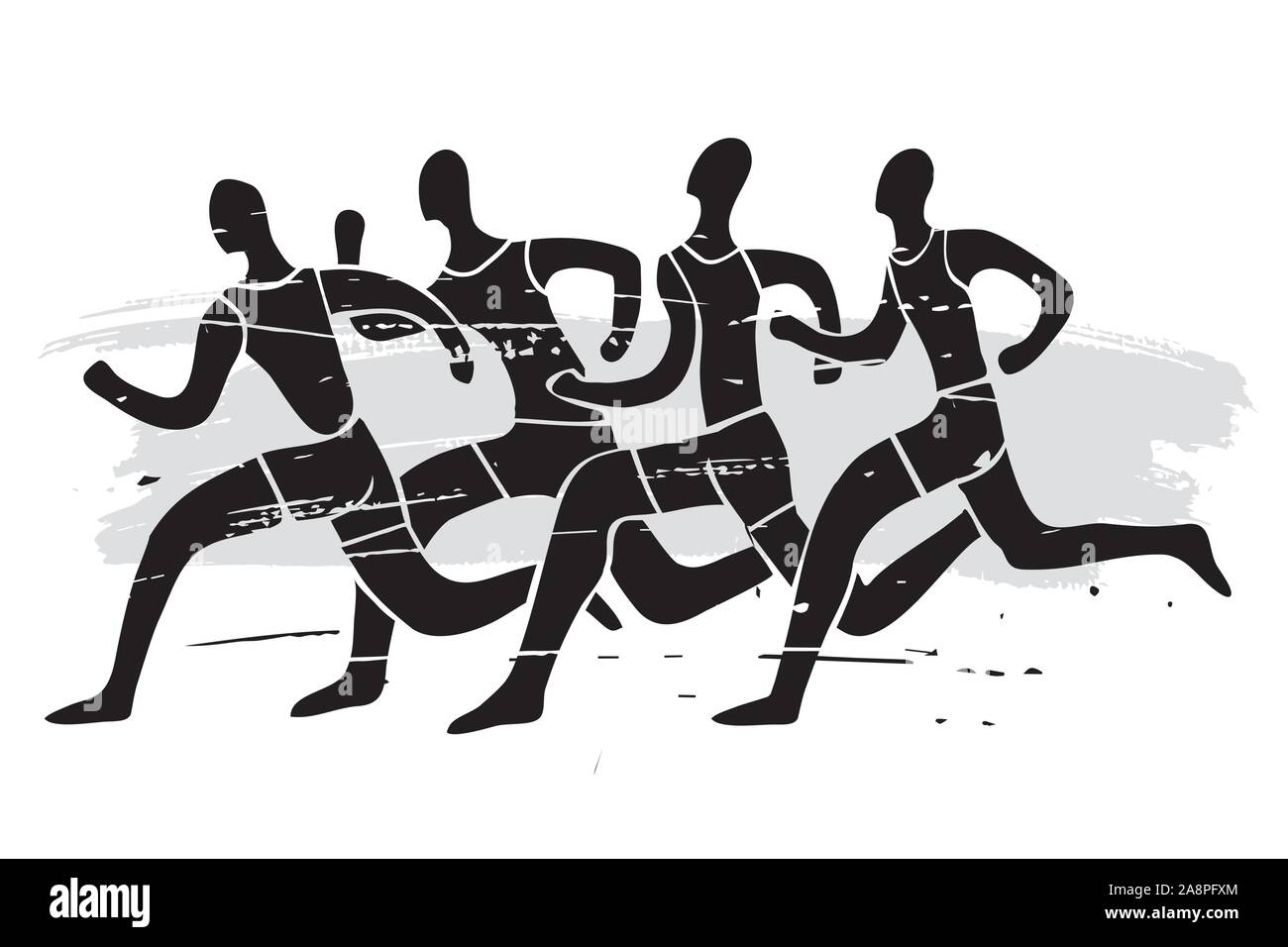 Running race, four black runners. Illustration of four running marathon racers.Isolated on white background. Vector available Stock Vector