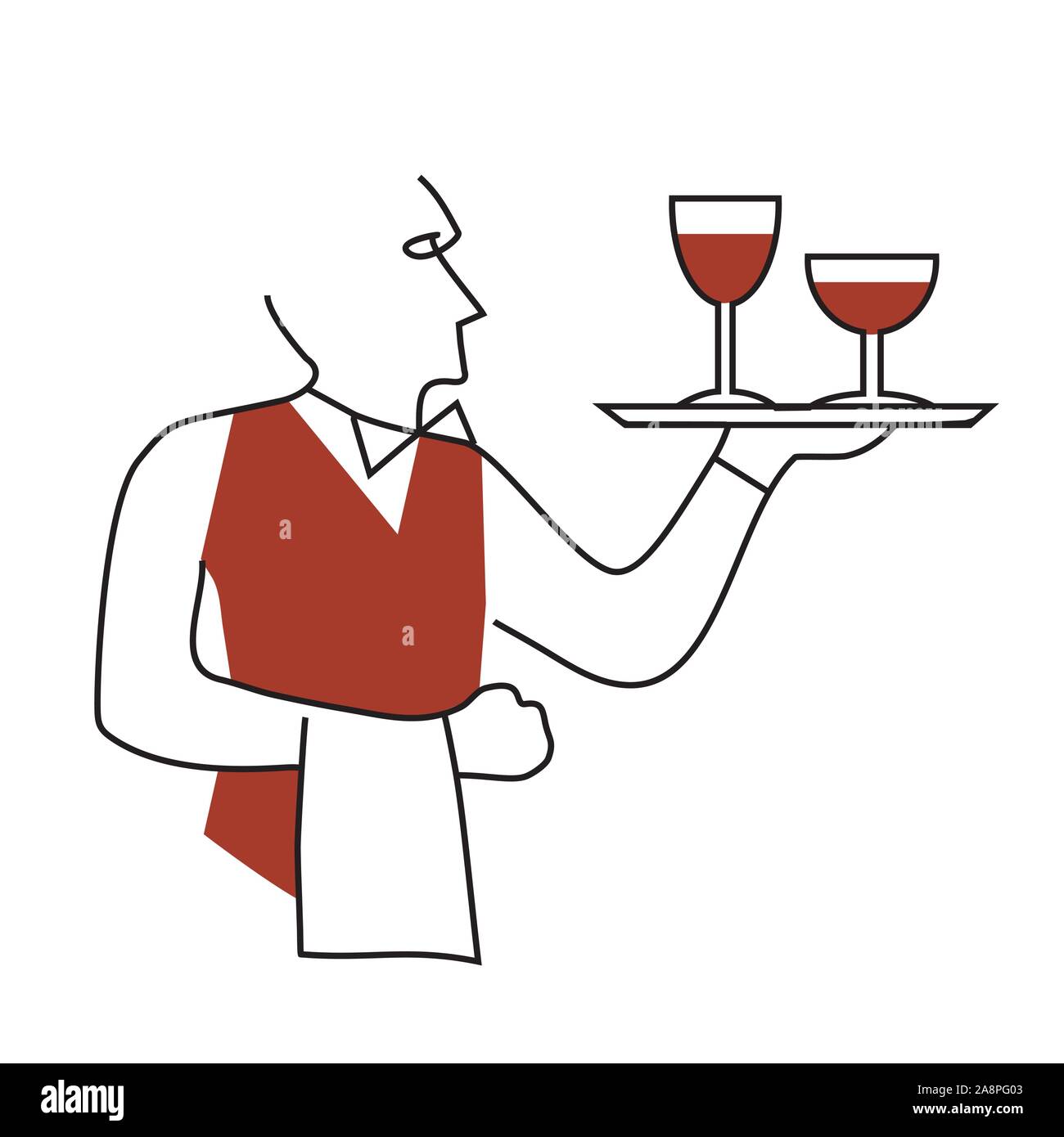 Waiter serving wine, cartoon. Line art stylized illustration of a waiter in red vest serving red wine. Isolated on white background. Vector available. Stock Vector