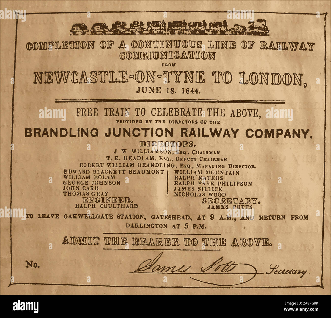 June 18th  1844 -  A by  invitation  railway 'free train' rail ticket to celebrate the newly completed   Newcastle-London train. Issued by the directors of the Brandling Junction Railway Company. Signed by  James Potts (Secretary) Stock Photo