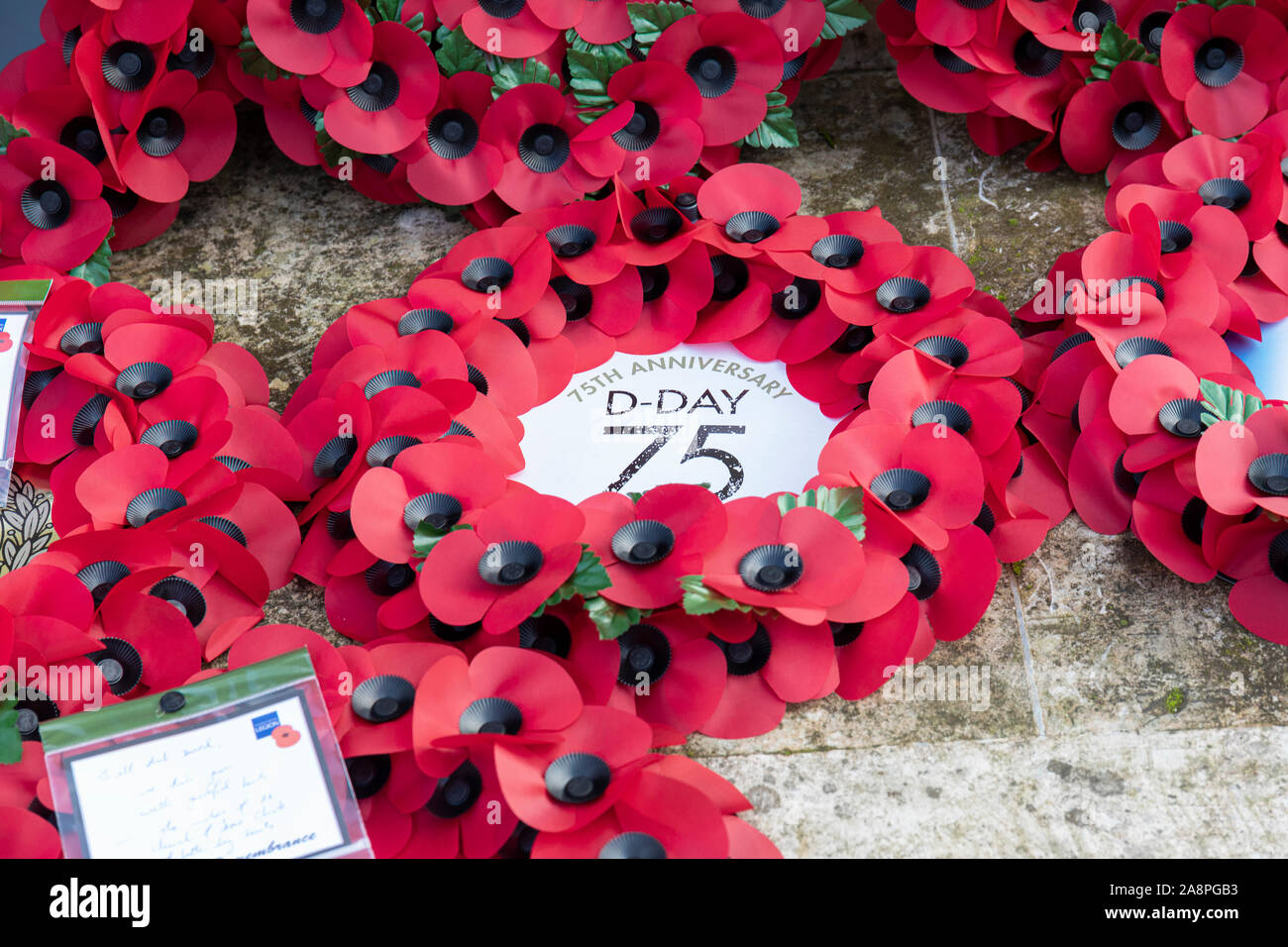 Trowbridge Royal British Legion Remembrance Sunday Parade, 10th November 2019. Poppy wreath marking the 75th Anniversary of D-Day. Wiltshire, England Stock Photo