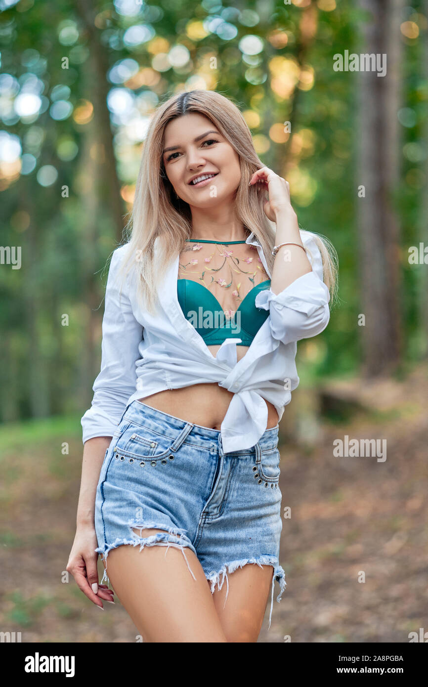 Pretty girl in bra jeans hi-res stock photography and images - Alamy