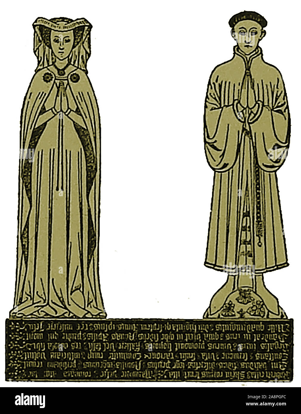 Robert Skerne (died 1437) and his wife Joan - from a 1437 brass engraving which marks their burial place in All Saints Church Kingston upon Thames  . He served as  a member of Parliament for Surrey, was a Justice of the Peace & keeper  of St. Ellen’s hospital . In addition he was a  Royal commissioner and also acted in a number of official financial roles. Joan was the youngest daughter of Alice Perrers, mistress of King Edward III of Britain. Stock Photo
