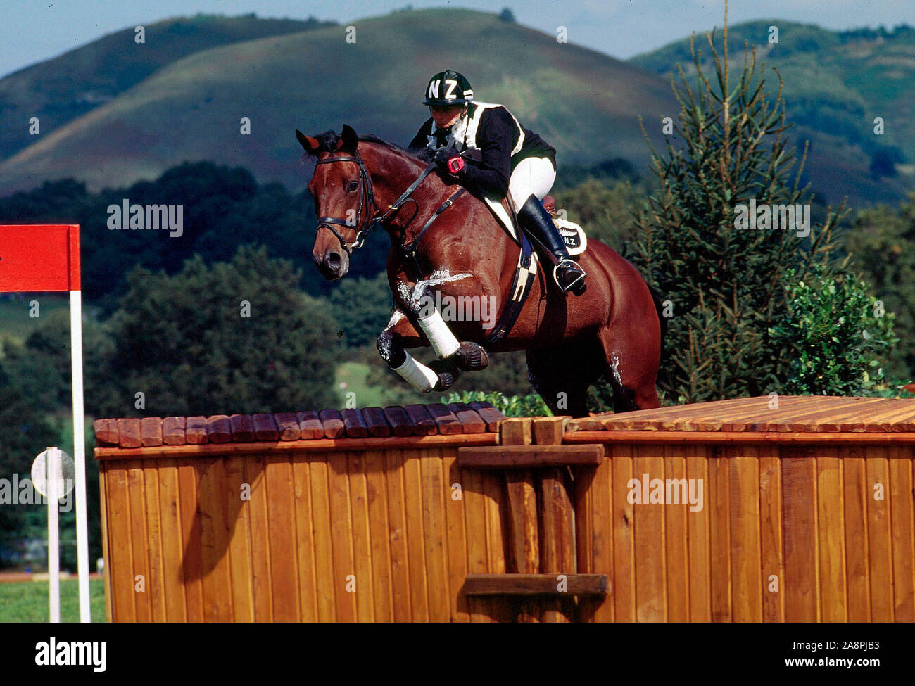 European Championships Pratoni del Vivaro September 1995 SALLY CLARKE (NZL) rides SQUIRREL KING over an obstacle. Stock Photo