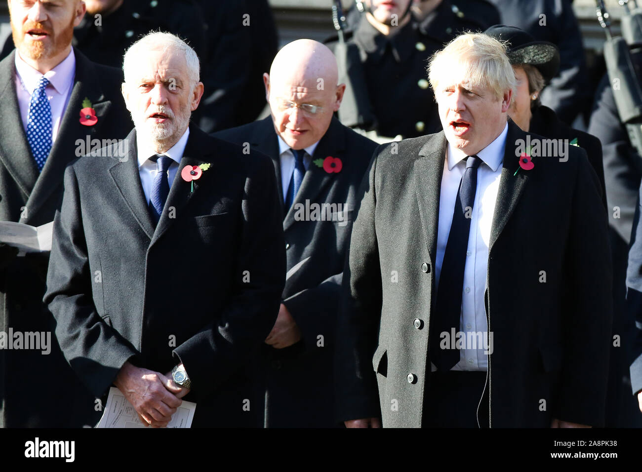 Prime Minister Boris Johnson and Leader of the Labour Party, Jeremy Corbyn (L to R) attend the annual Remembrance Sunday memorial at The Cenotaph, in Whitehall, London. Stock Photo