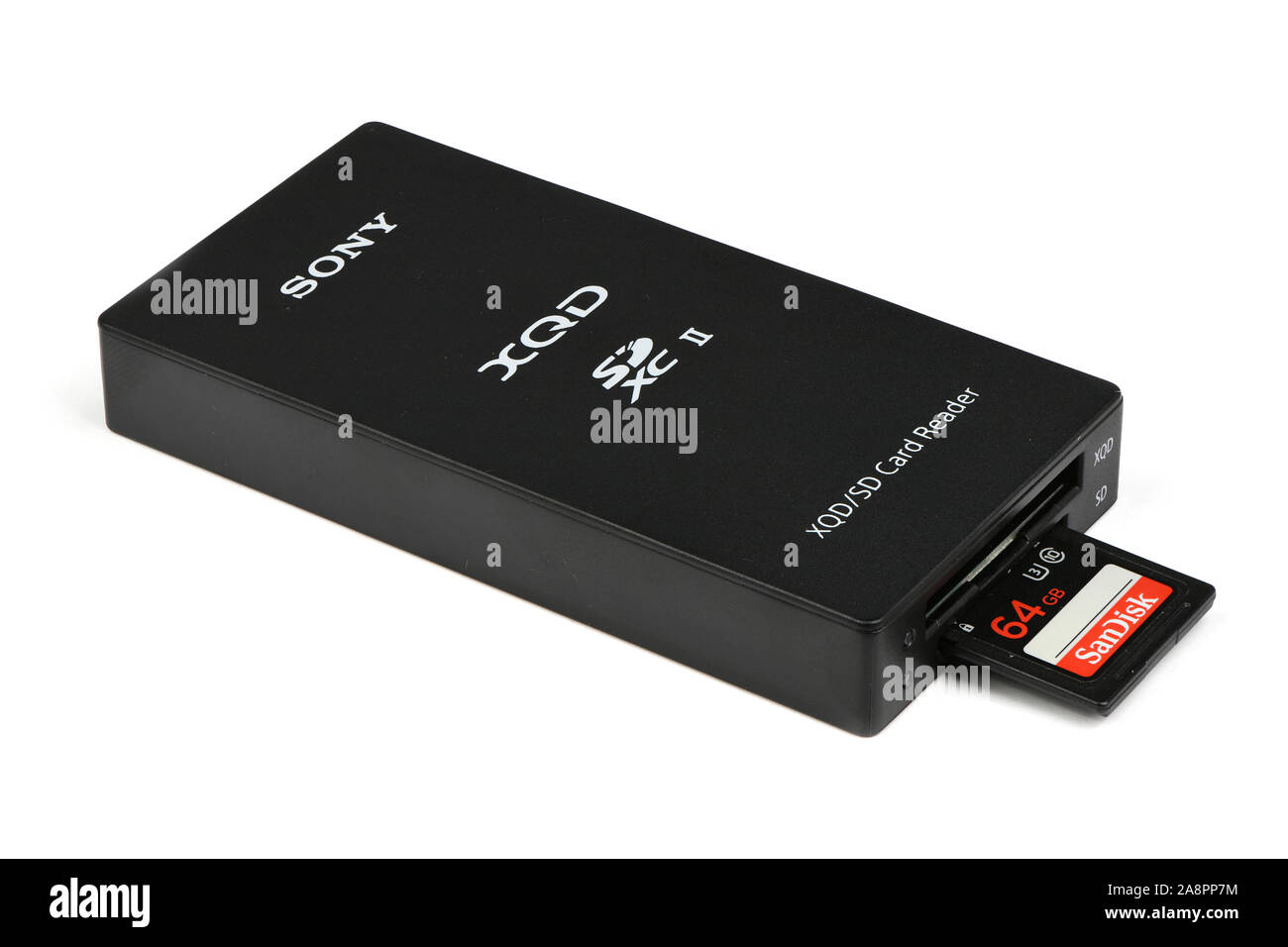 Vinnitsa, Ukraine - November 9, 2019: An editorial stock photo of a studio shot:  MRW-E90/BC2 Sony XQD/SD CARD READER USB3.0 PRODUCT HIGHLIGHTS USB 3. Stock Photo