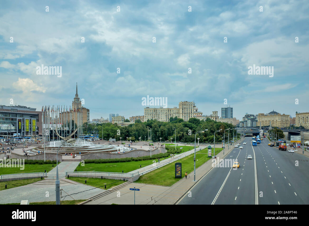 Moscow, Russia - July 15, 2018: View from the bridge of Bogdan Khmelnitsky to the European Square near the Kiev railway station, Berezhkovskaya embank Stock Photo