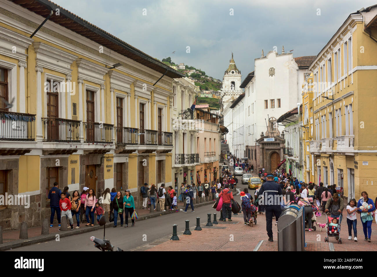 Colonial architecture in historic Old Town Quito, Ecuador Stock Photo