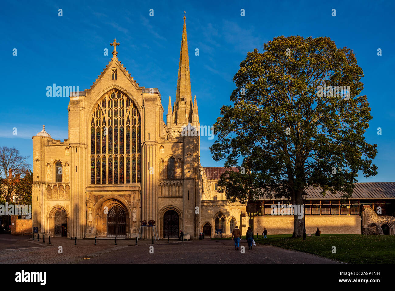 Norwich Cathedral in Norwich UK - work started on Norwich Cathedral in 1096, completed in 1145. Cathedral Church of the Holy and Undivided Trinity. Stock Photo