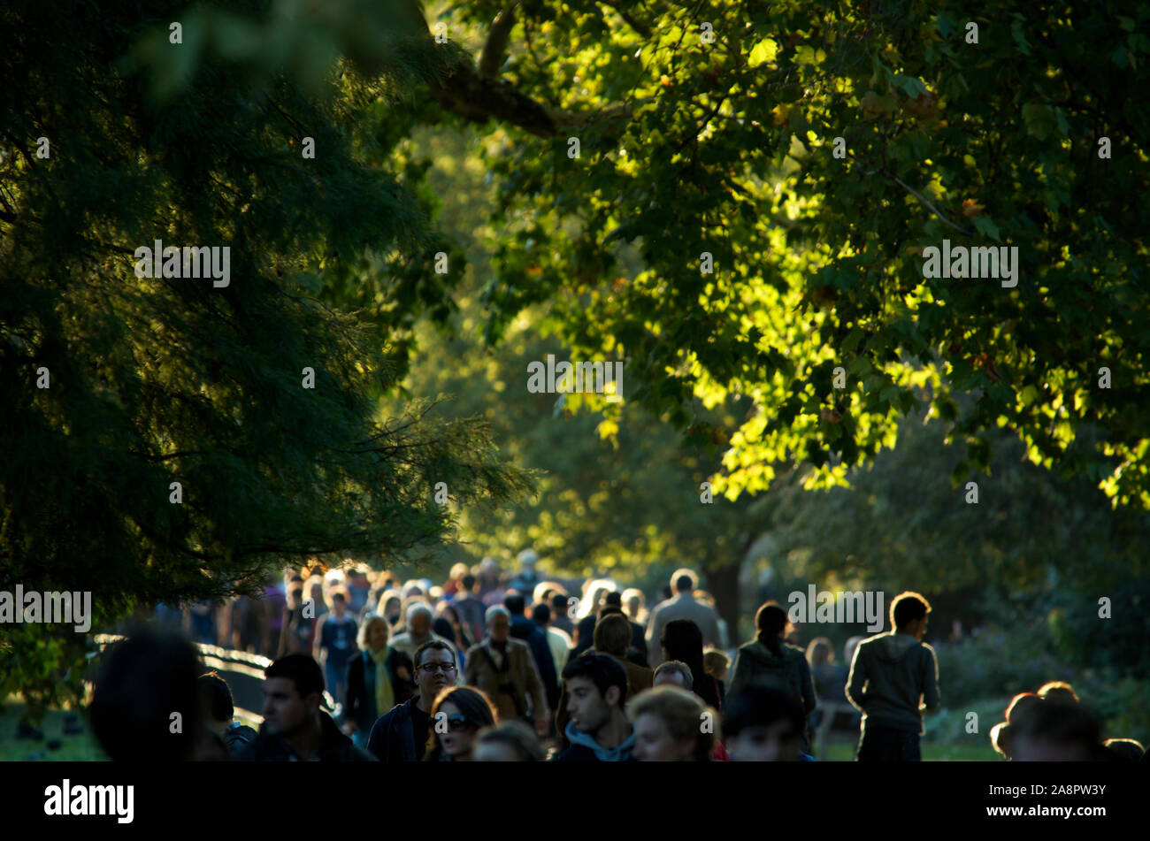 LONDON - OCTOBER 15, 2011: Crowds of people enjoy a sunny walk in the park on a warm autumn afternoon. Stock Photo