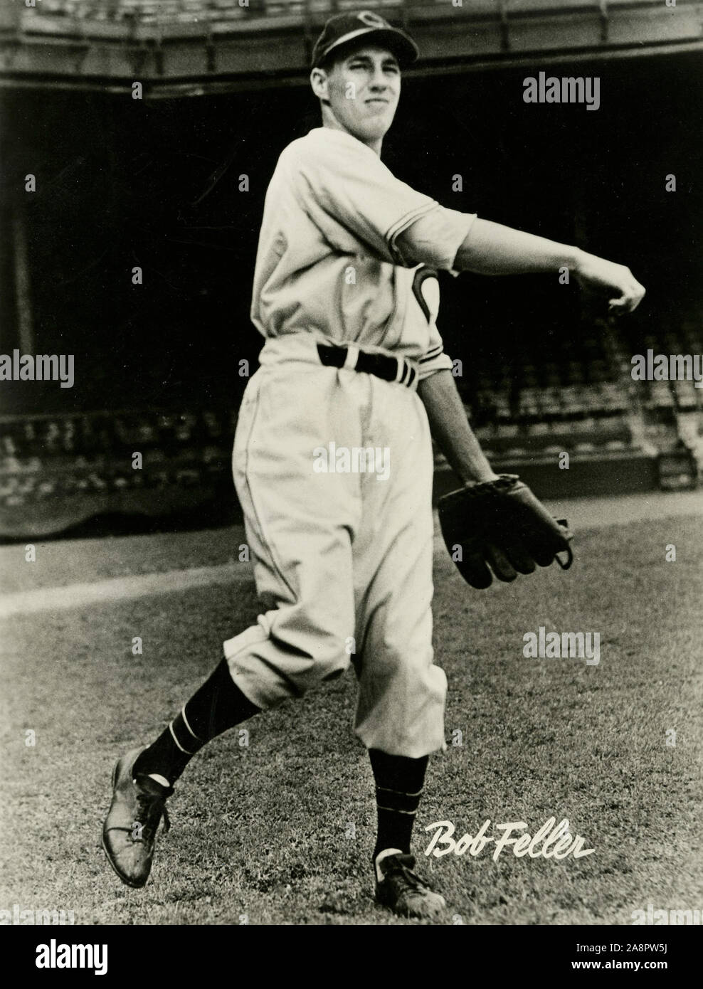 Vintage black and white photo of Hall of Fame pitcher Bob Feller with the cleveland Indians circa 1940s Stock Photo