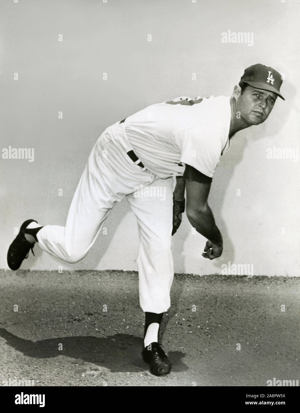 Vintage black and white photo of Hall of Fame pitcher Don Drysdale with the Los Angeles circa 1960s. Stock Photo