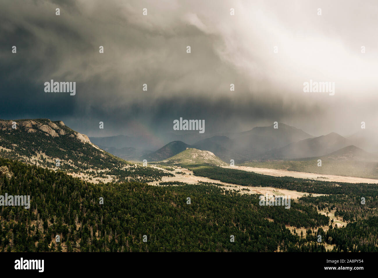 A storm moves over Rocky Mountain National Park, CO. Stock Photo