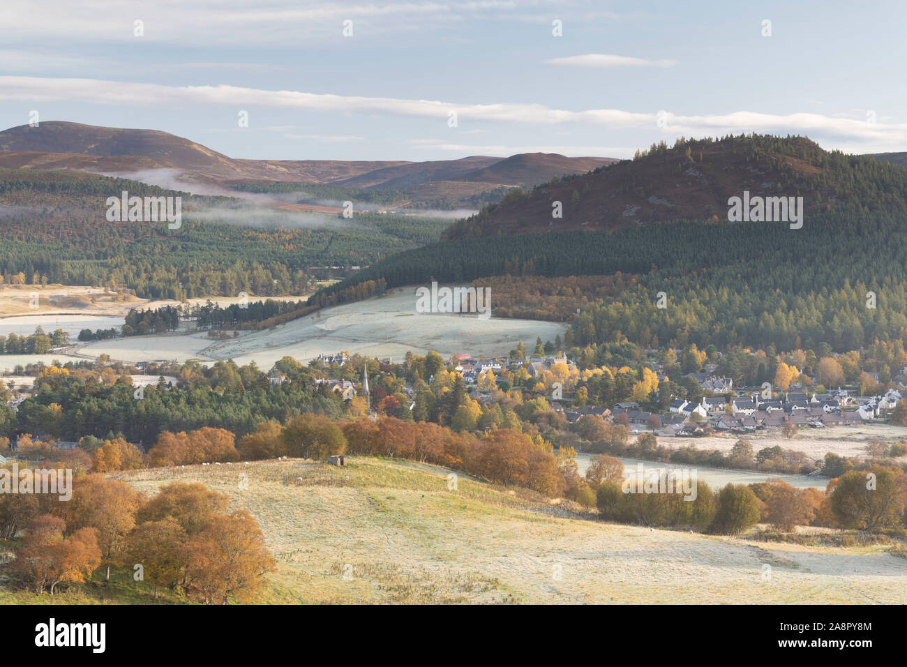 A View From Morrone of the Village of Braemar in the Cairngorms National Park on a Frosty Morning in Autumn Stock Photo