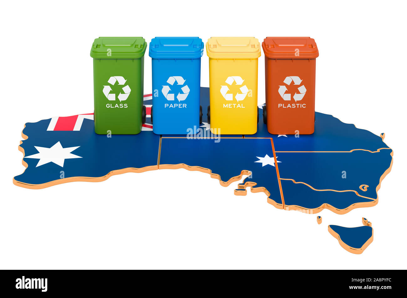 Waste recycling in Australia. Colored trash cans on the map of