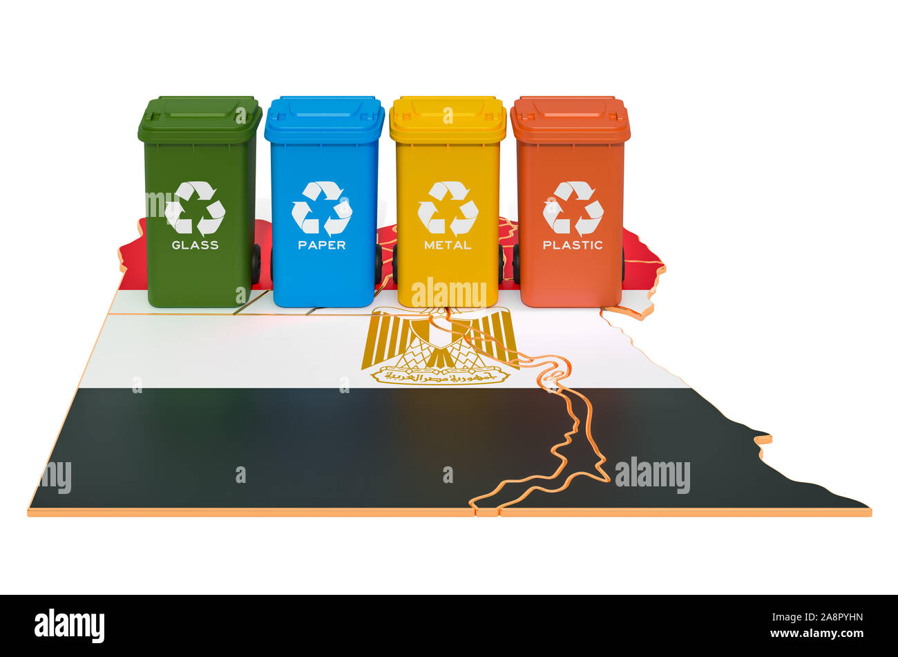 Waste recycling in Egypt. Colored trash cans on the map of Egypt, 3D