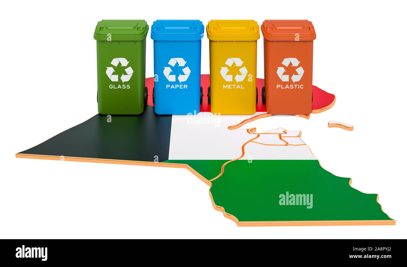 Waste recycling in Kuwait. Colored trash cans on the map of Kuwait, 3D rendering isolated on