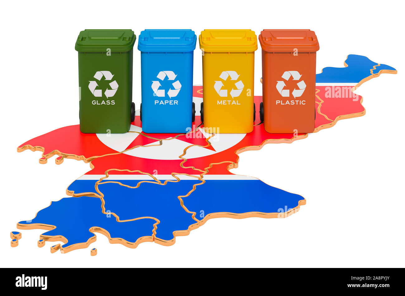 Waste recycling in North Korea. Colored trash cans on the map of North