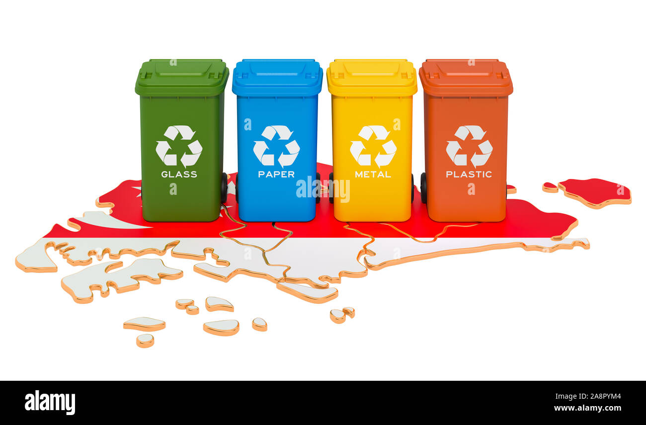 Waste recycling in Singapore. Colored trash cans on the map of