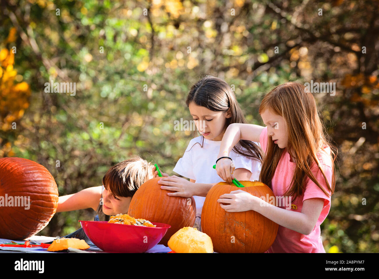 Three Young Children Carving Pumpkins Outdoors Stock Photo - Alamy