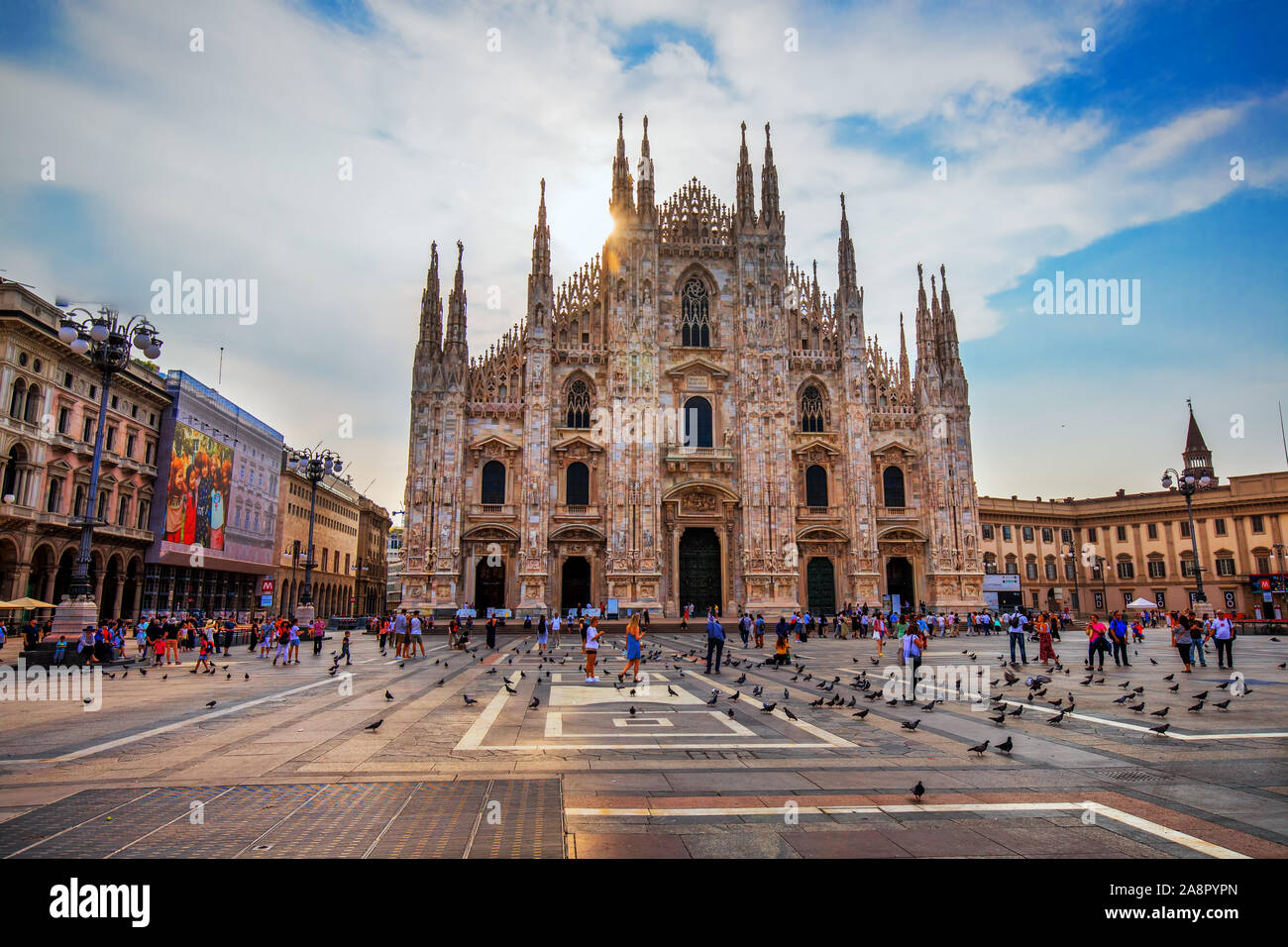 Cathedral Duomo di Milano and Vittorio Emanuele gallery in Square Piazza Duomo at sunrise, Milan, Italy, Europe. Stock Photo