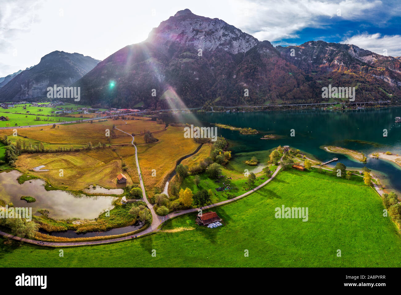 Areal view of Fluelen town and lake Lucerne in canton Uri, Switzerland, Europe. Stock Photo
