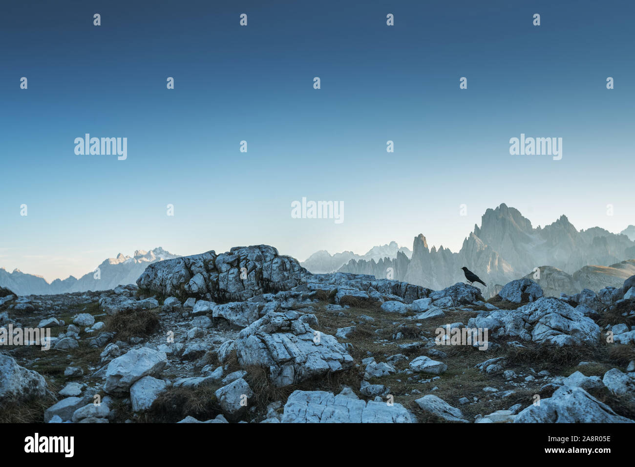 Dolomites Alps rocky mountain range at Tre Cime Di Lavaredo. Stock Photo