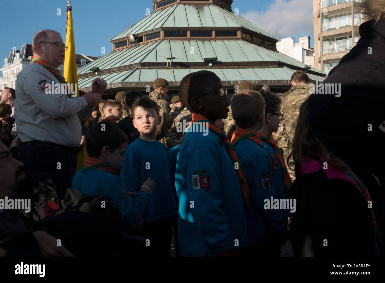 Young cub scout beavers in line to march on Remembrance Sunday Stock Photo